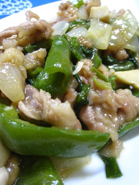 豚肉ピーマンエリンギにらの中華煮炒め♪